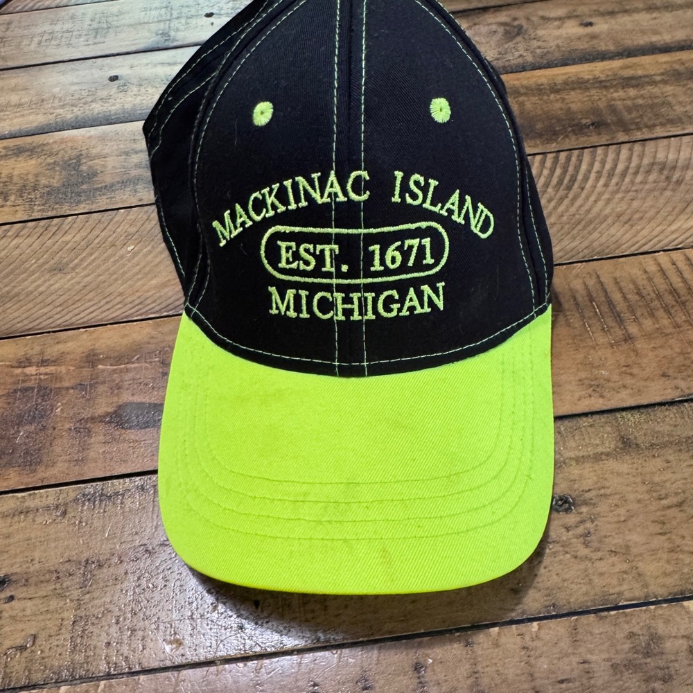J Hats Mackinac Island Michigan Baseball Cap Mens OSFM Black Neon Green Souvenir